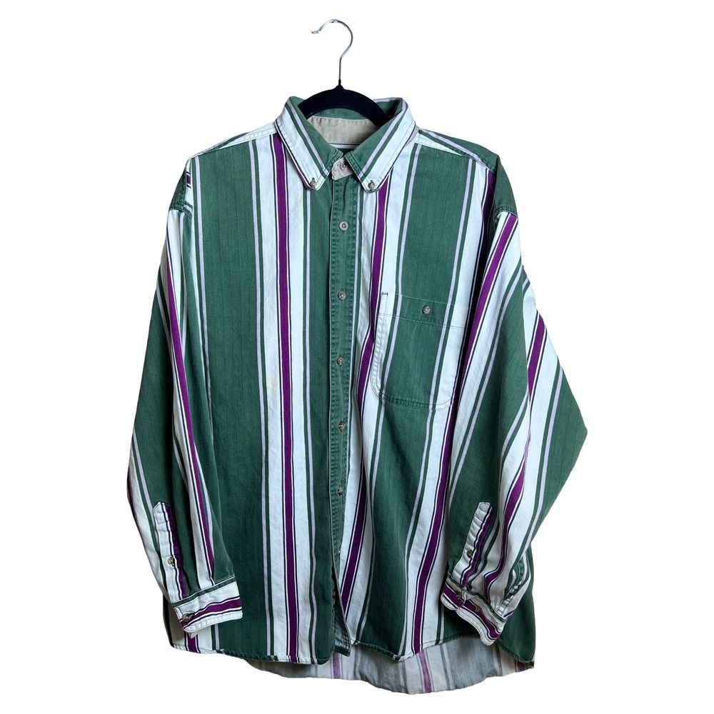 Vintage Catalina 90s Striped Herringbone‎ Button Down Shirt Green Purple Mens XL